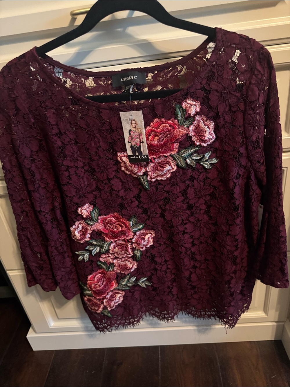 Karen Kane Plum Lace Top with Rose Embroidery
